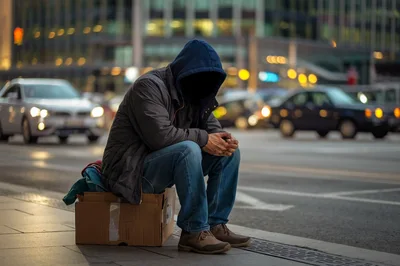 Homeless Person Sitting On Cardboard Box In City