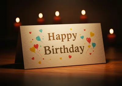 Happy Birthday Greeting Card on Wooden Table