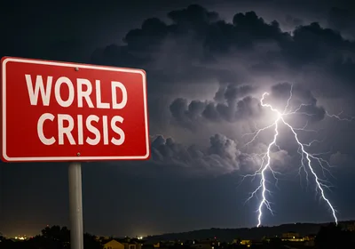 World Crisis Sign Against A Stormy Lightning Sky