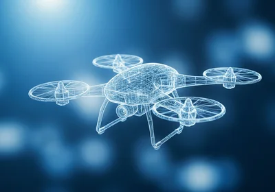 Digital Wireframe Drone Model Floating In Blue Space