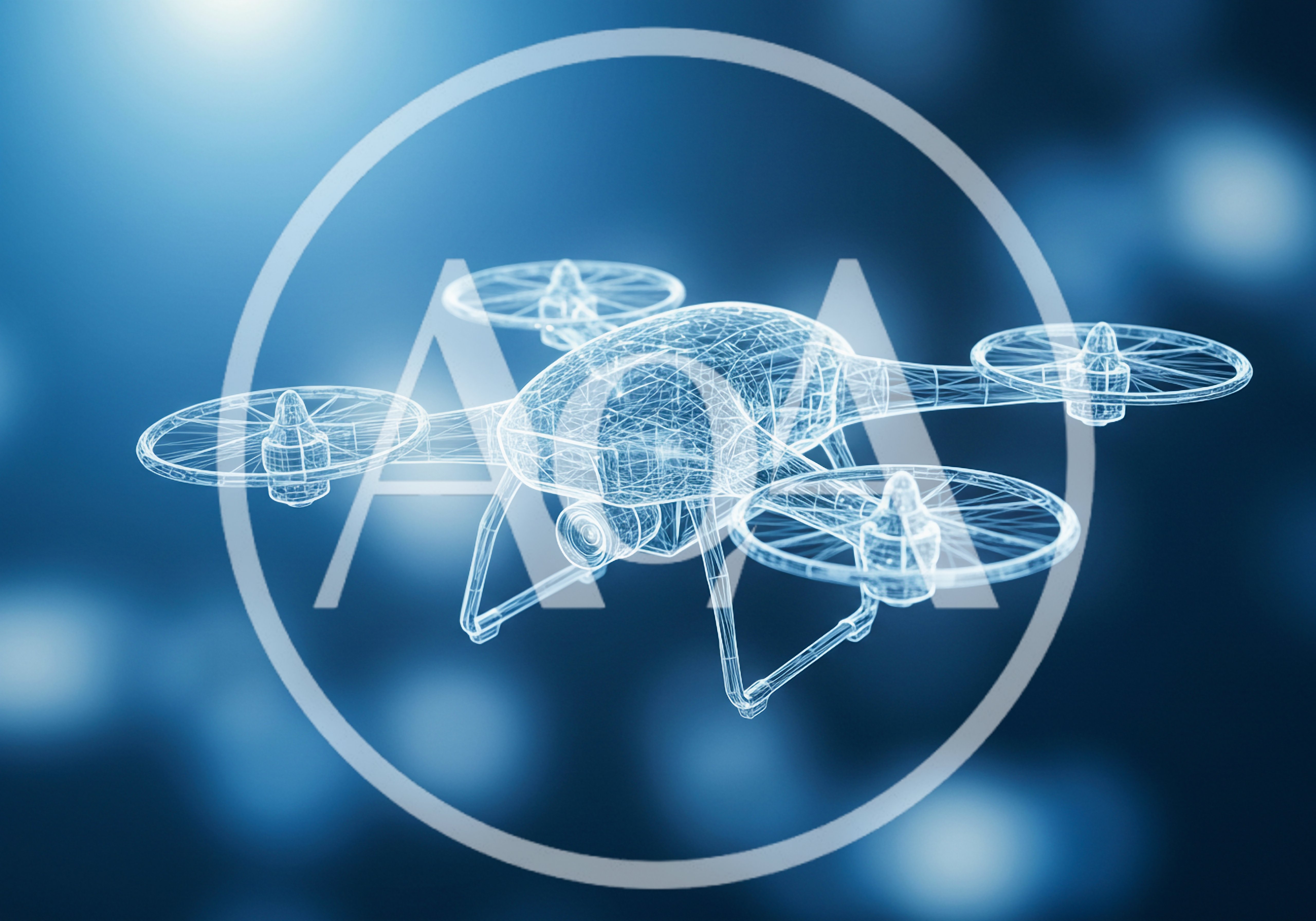 Digital Wireframe Drone Model Floating In Blue Space