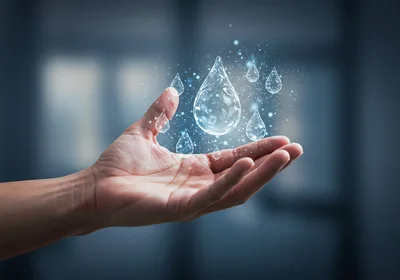 Human Hand Holding Digital Water Droplets