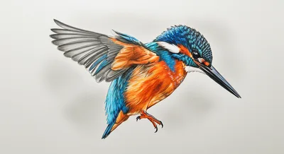 Detailed Colored Pencil Drawing Of A Flying Kingfisher