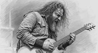Pencil Sketch Of A Bearded Rock Guitarist Performing