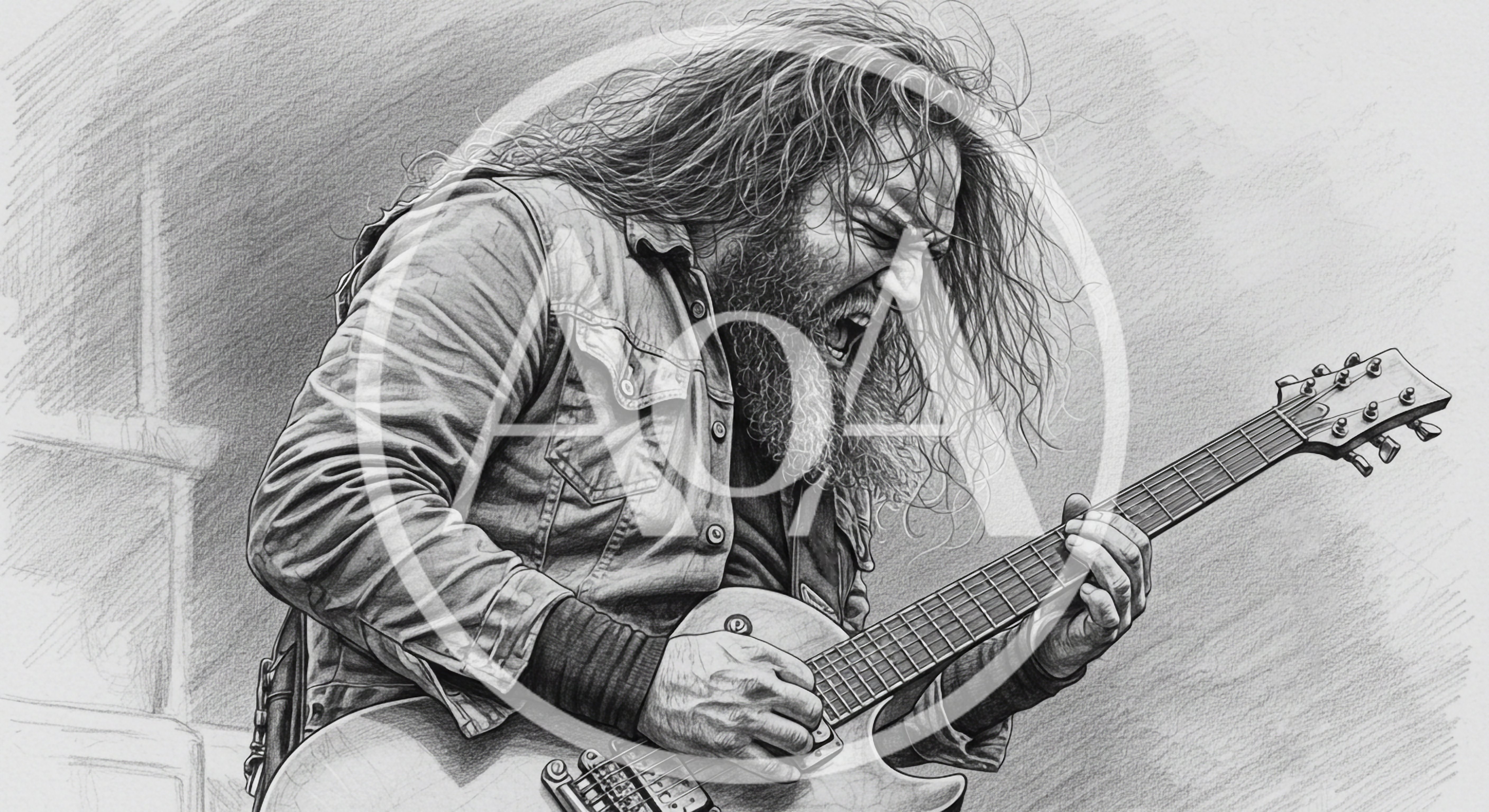 Pencil Sketch Of A Bearded Rock Guitarist Performing