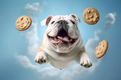 Happy Bulldog Jumping With Floating Cookies