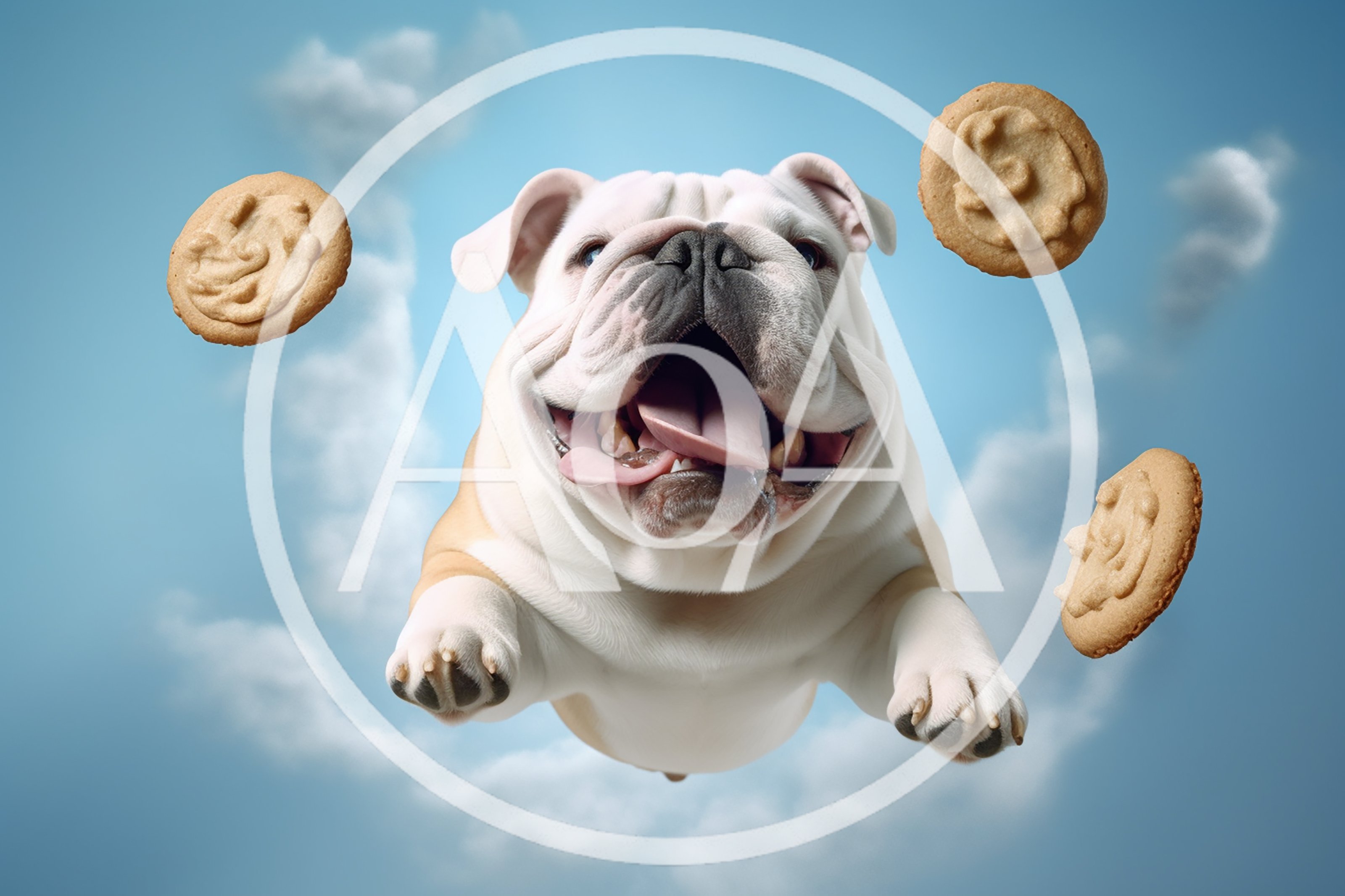 Happy Bulldog Jumping With Floating Cookies
