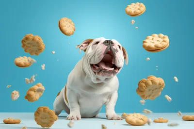 English Bulldog Catching Flying Cookies