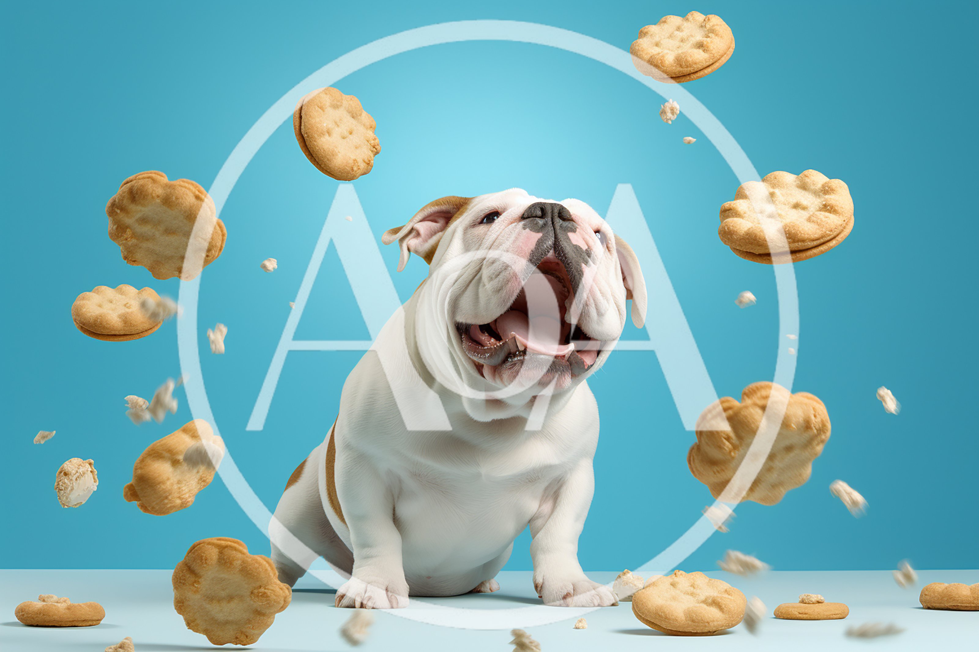English Bulldog Catching Flying Cookies