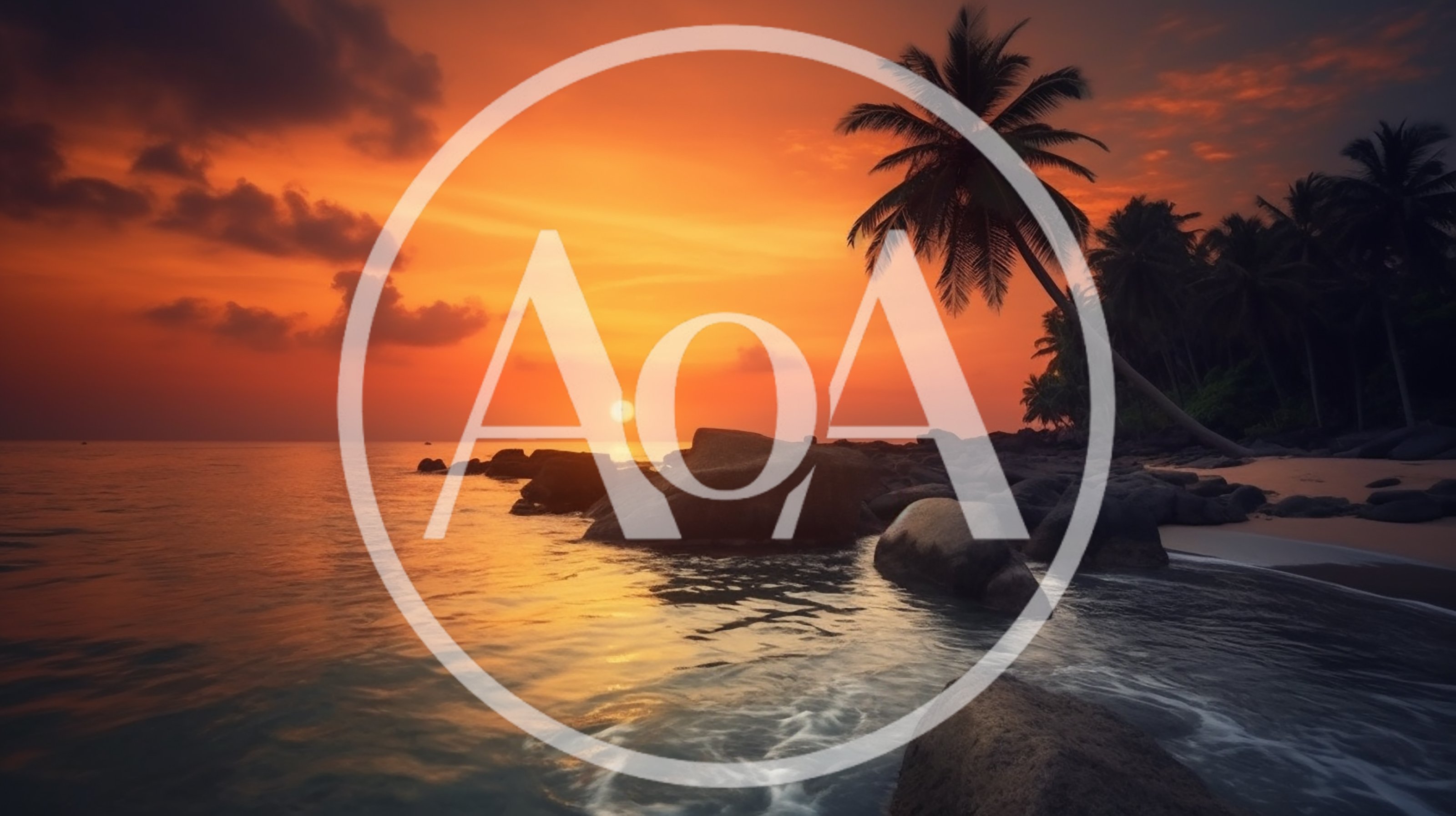 Tropical Beach Sunset With Palm Trees And Rocks