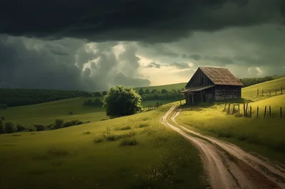 Rustic Wooden Cabin on a Rolling Green Hillside