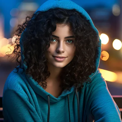 Portrait Of A Young Woman With Curly Hair In Hoodie