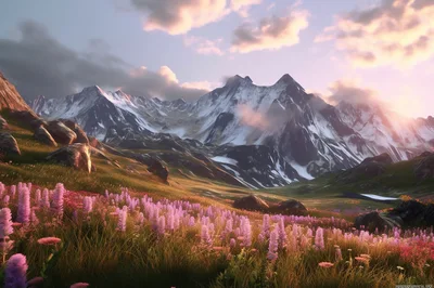Alpine Meadow With Purple Wildflowers And Snowcapped Mountains