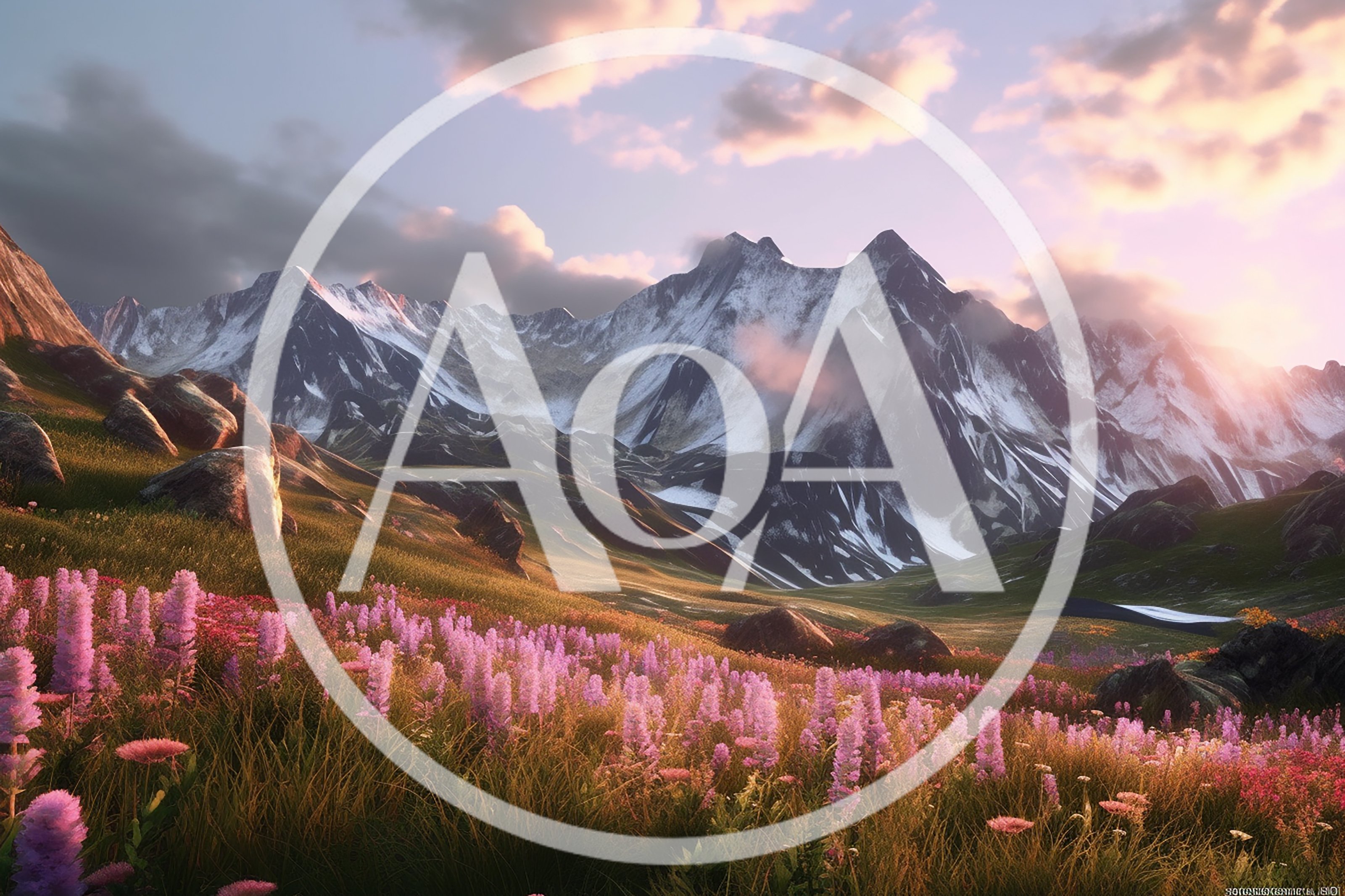 Alpine Meadow With Purple Wildflowers And Snowcapped Mountains