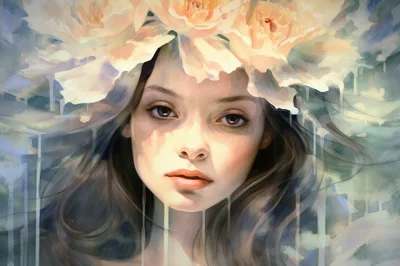 Watercolor Portrait Of A Young Woman With Floral Crown