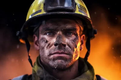 Portrait Of A Soot Covered Firefighter In Action