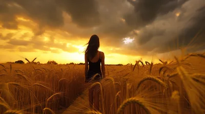 Woman Standing In A Golden Wheat Field At Sunset