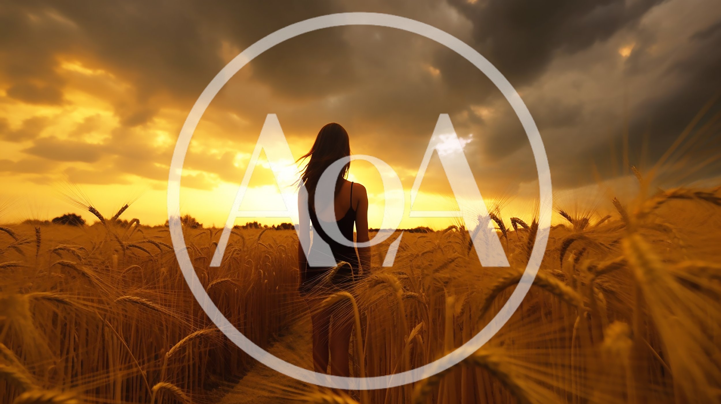 Woman Standing In A Golden Wheat Field At Sunset