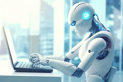 Futuristic Android Robot Typing On A Laptop Computer