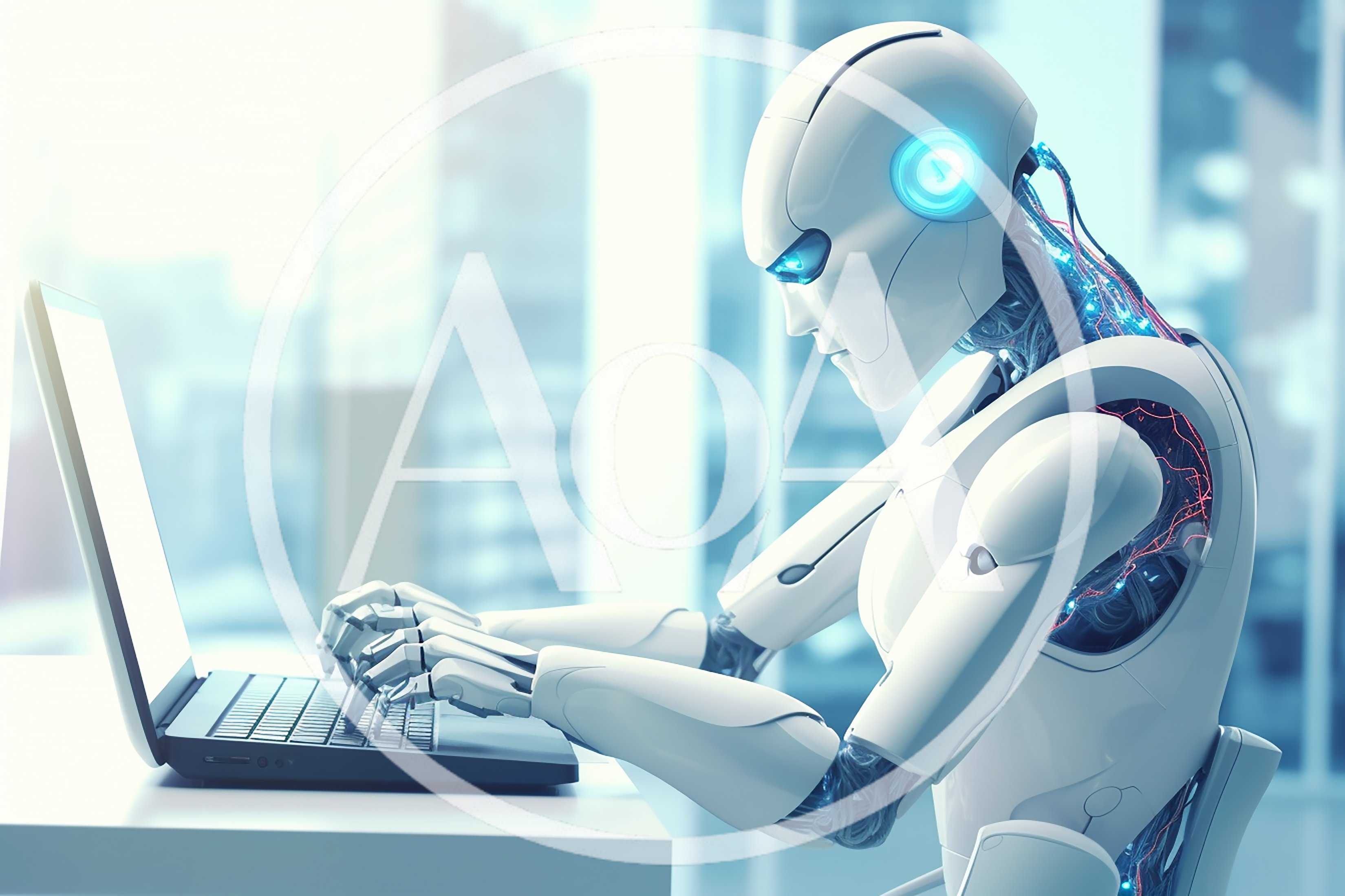 Futuristic Android Robot Typing On A Laptop Computer