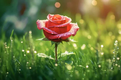 Single Red Rose With Dew Drops In Green Grass