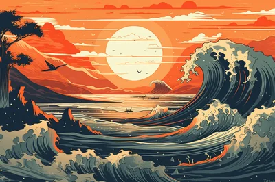 Stylized Japanese Wave Illustration At Sunset