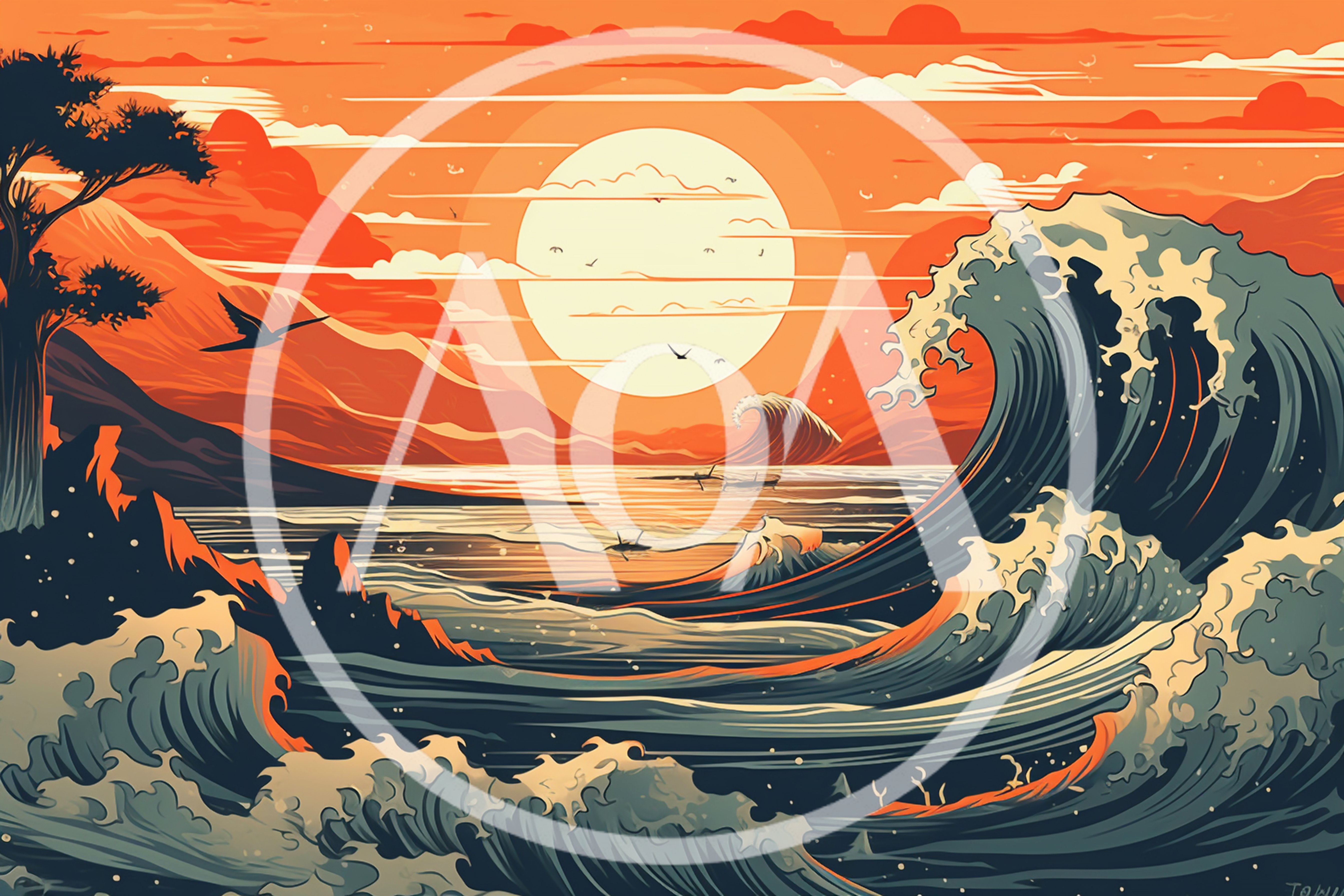 Stylized Japanese Wave Illustration At Sunset
