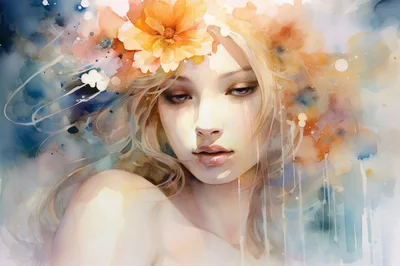 Watercolor Portrait Of A Young Woman With Floral Accents