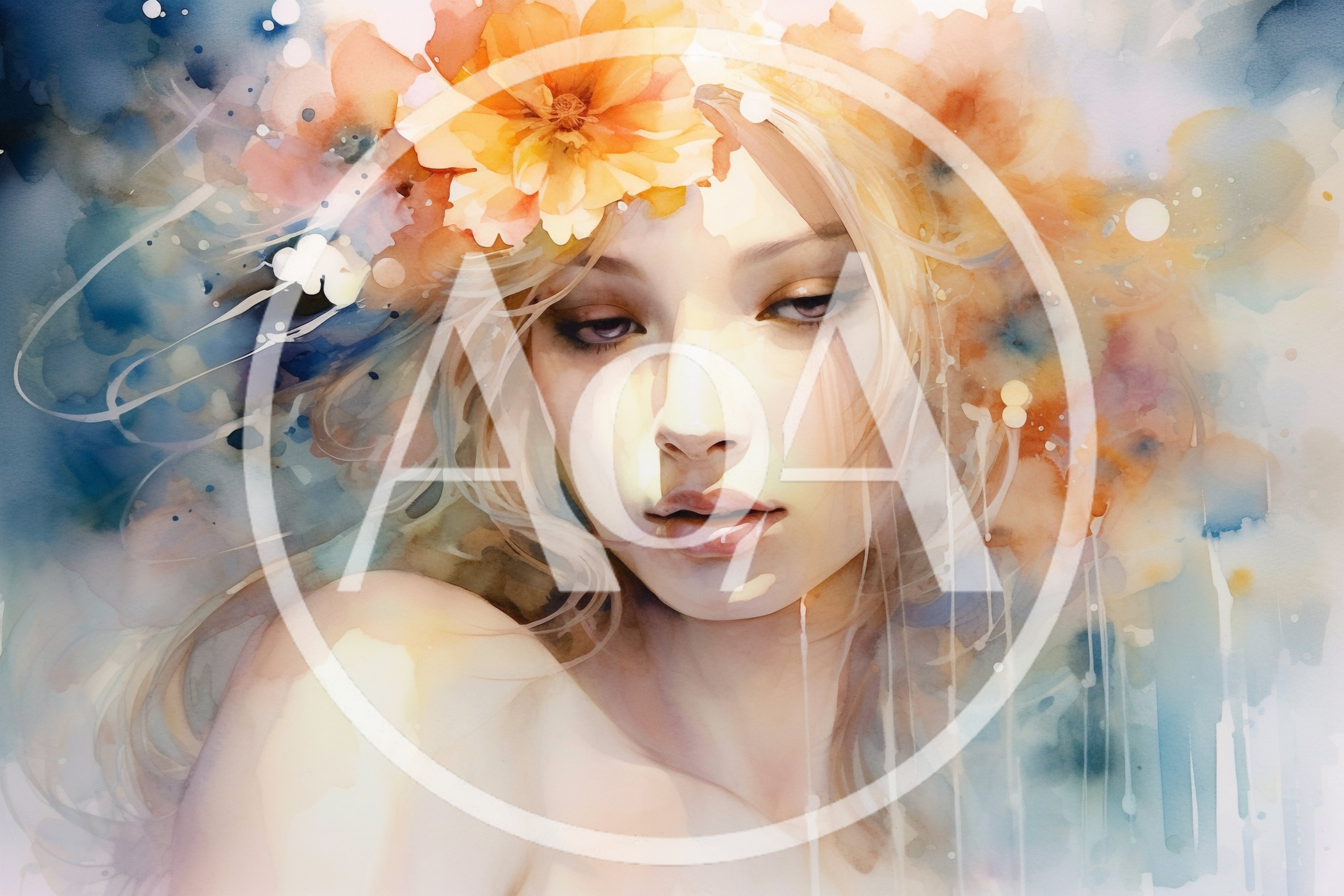 Watercolor Portrait Of A Young Woman With Floral Accents