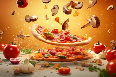 Floating Pizza Ingredients Above A Freshly Baked Pizza