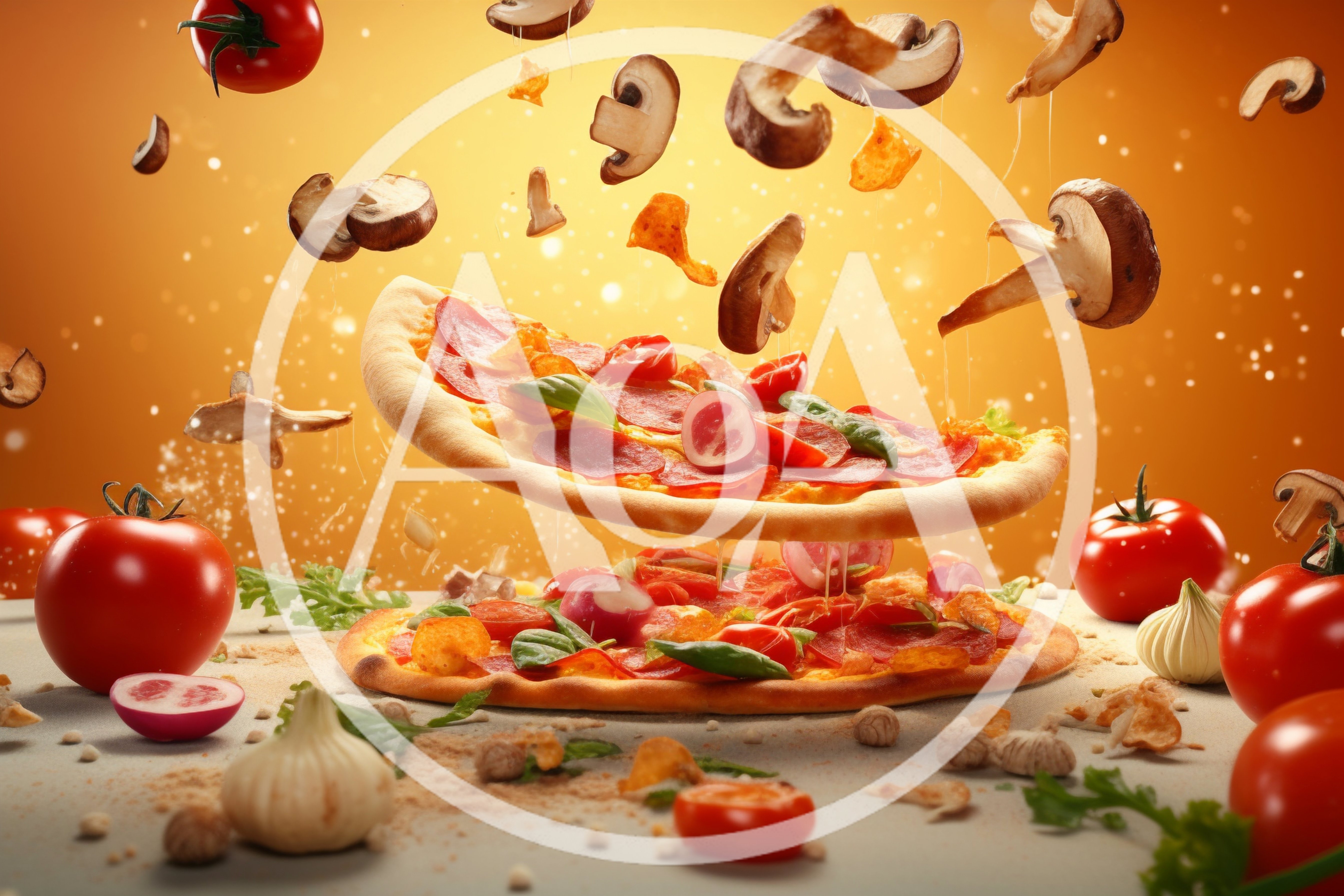 Floating Pizza Ingredients Above A Freshly Baked Pizza