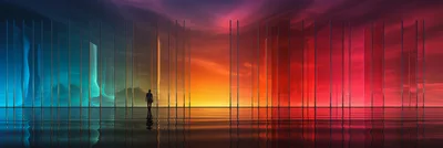 Silhouette Of A Person Walking Through Abstract Light Pillars