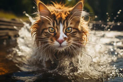 Maine Coon Cat Running Through Shallow Water