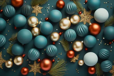 Christmas Ornaments and Gold Snowflakes on Dark Background