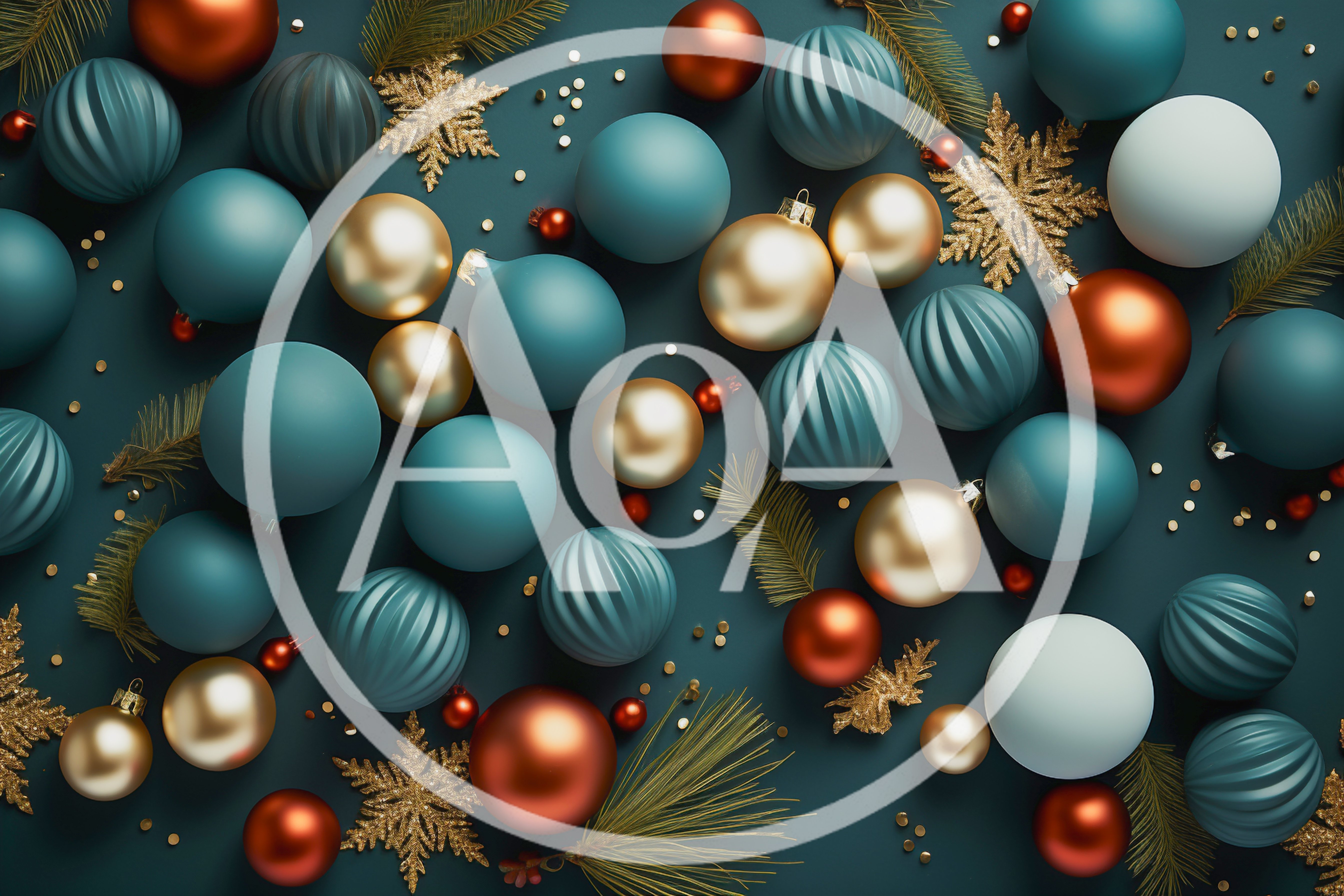 Christmas Ornaments and Gold Snowflakes on Dark Background