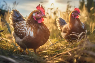 Two Brown Chickens Foraging In A Golden Field