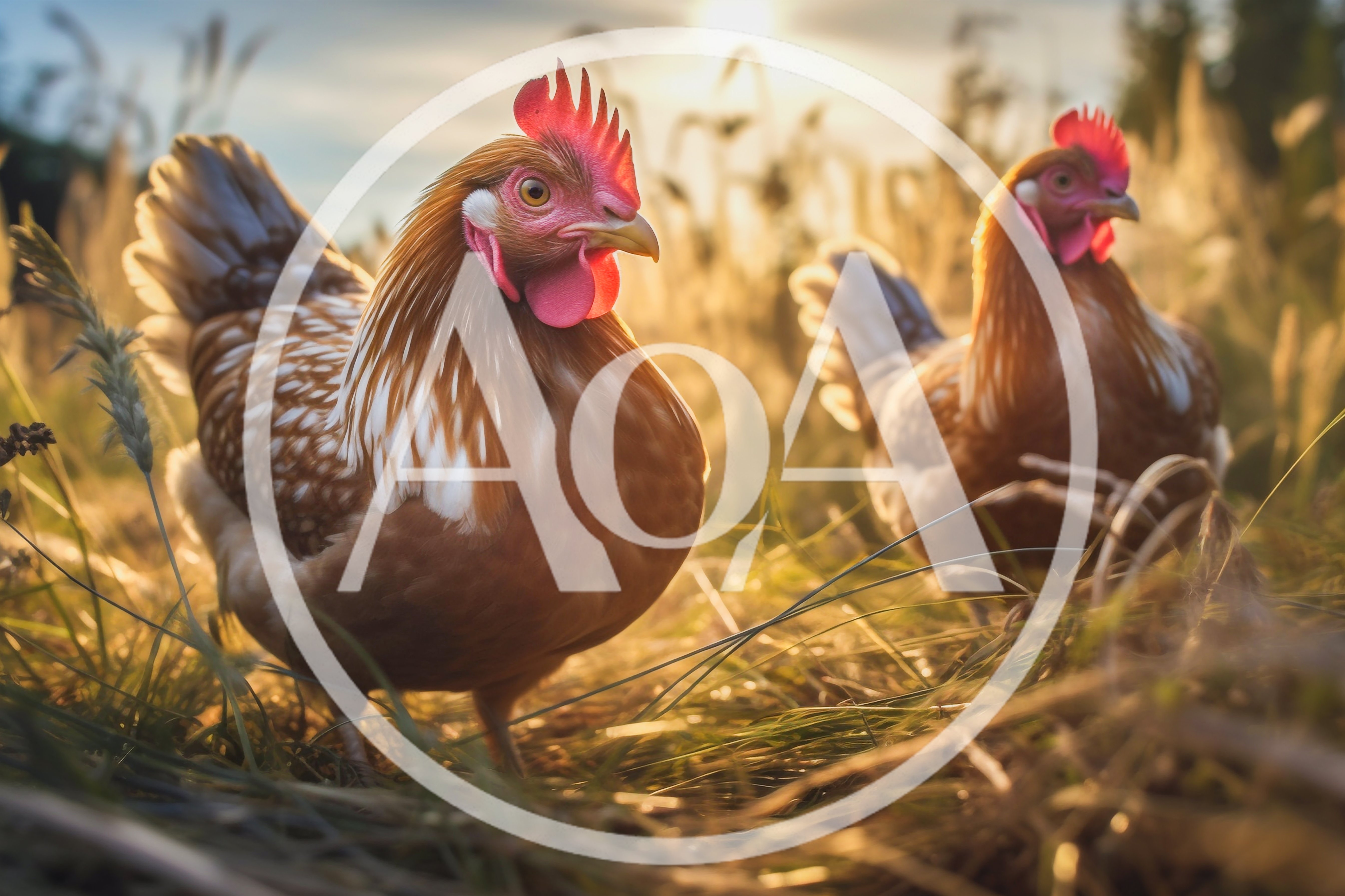 Two Brown Chickens Foraging In A Golden Field