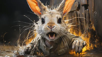 Fierce Anthropomorphic Rabbit Emerging From Muddy Water