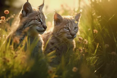 Two Young Lynx Kittens Sitting In A Grassy Meadow