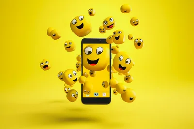 Smartphone Surrounded by Floating 3D Emoji Characters