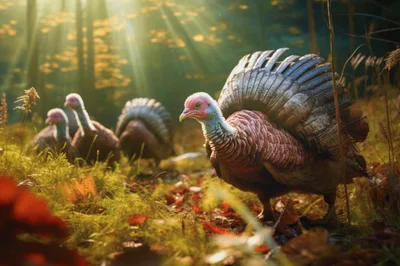 Wild Turkeys Foraging in a Sunlit Autumn Forest