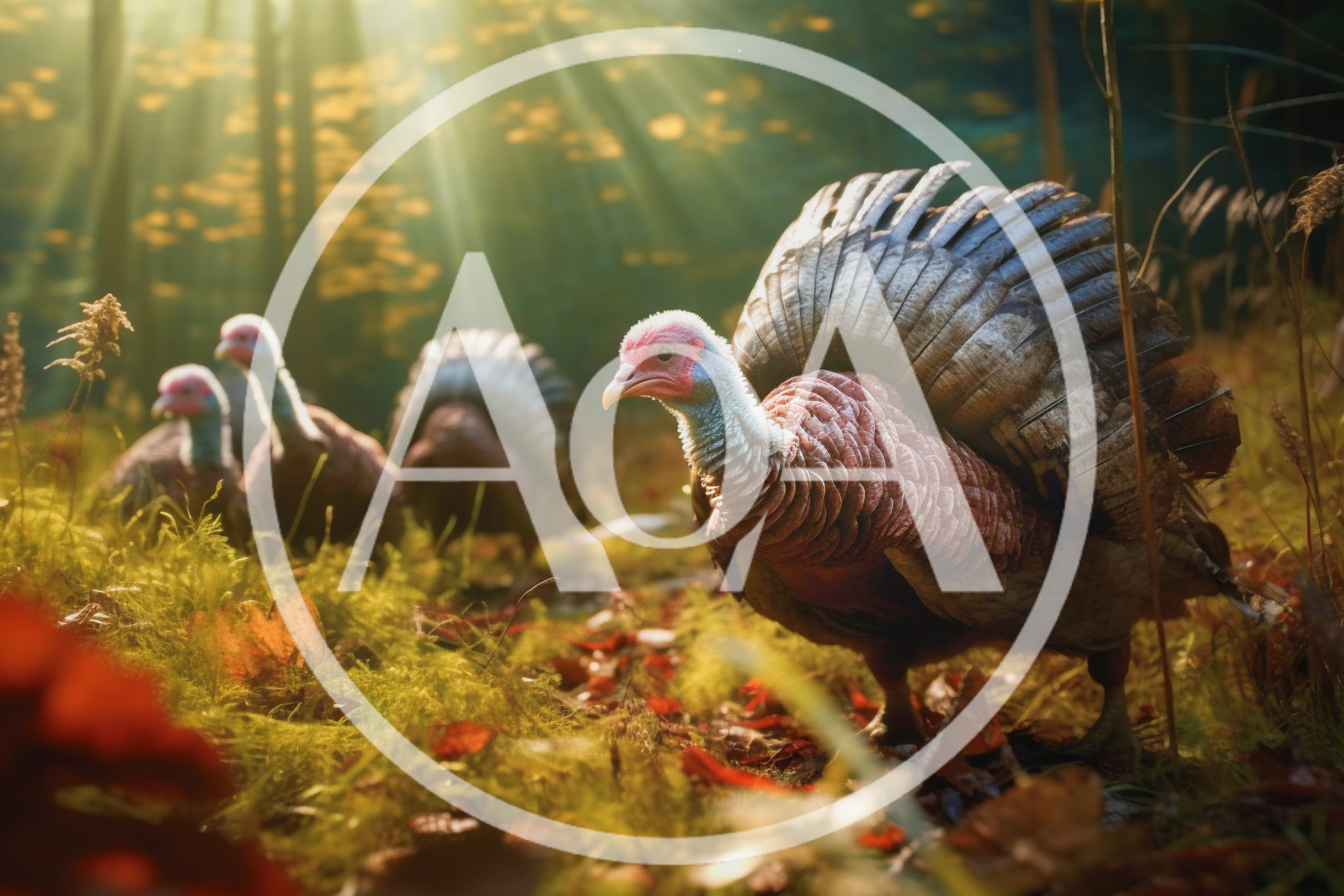 Wild Turkeys Foraging in a Sunlit Autumn Forest