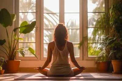 Woman Practicing Yoga Meditation In Sunlit Room