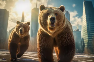 Two Grizzly Bears Walking Through Modern Cityscape