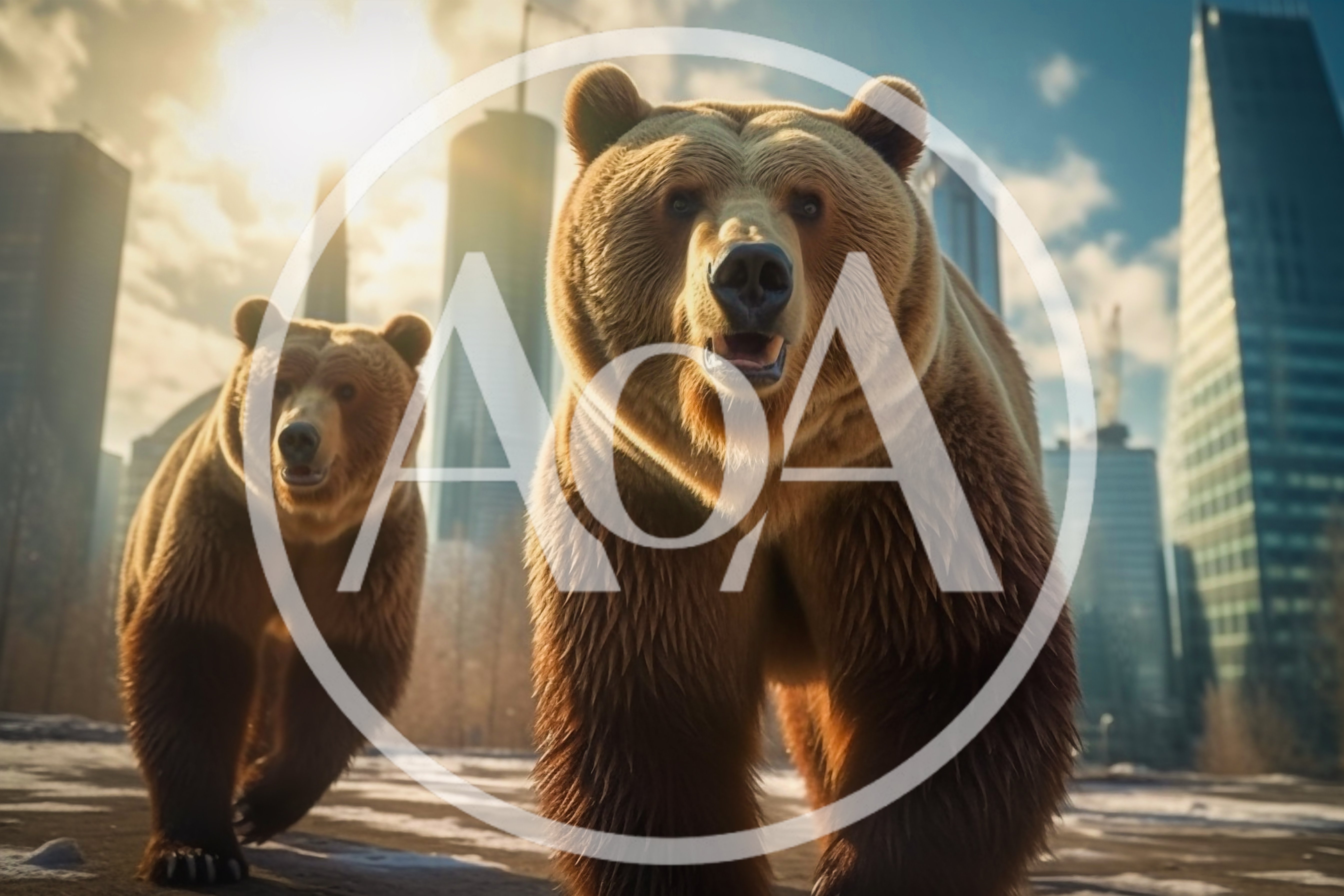 Two Grizzly Bears Walking Through Modern Cityscape