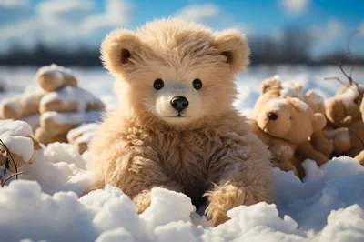 Fluffy Teddy Bear Sitting In Deep Winter Snow