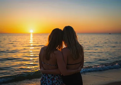 Two Women Embracing On Beach At Sunset