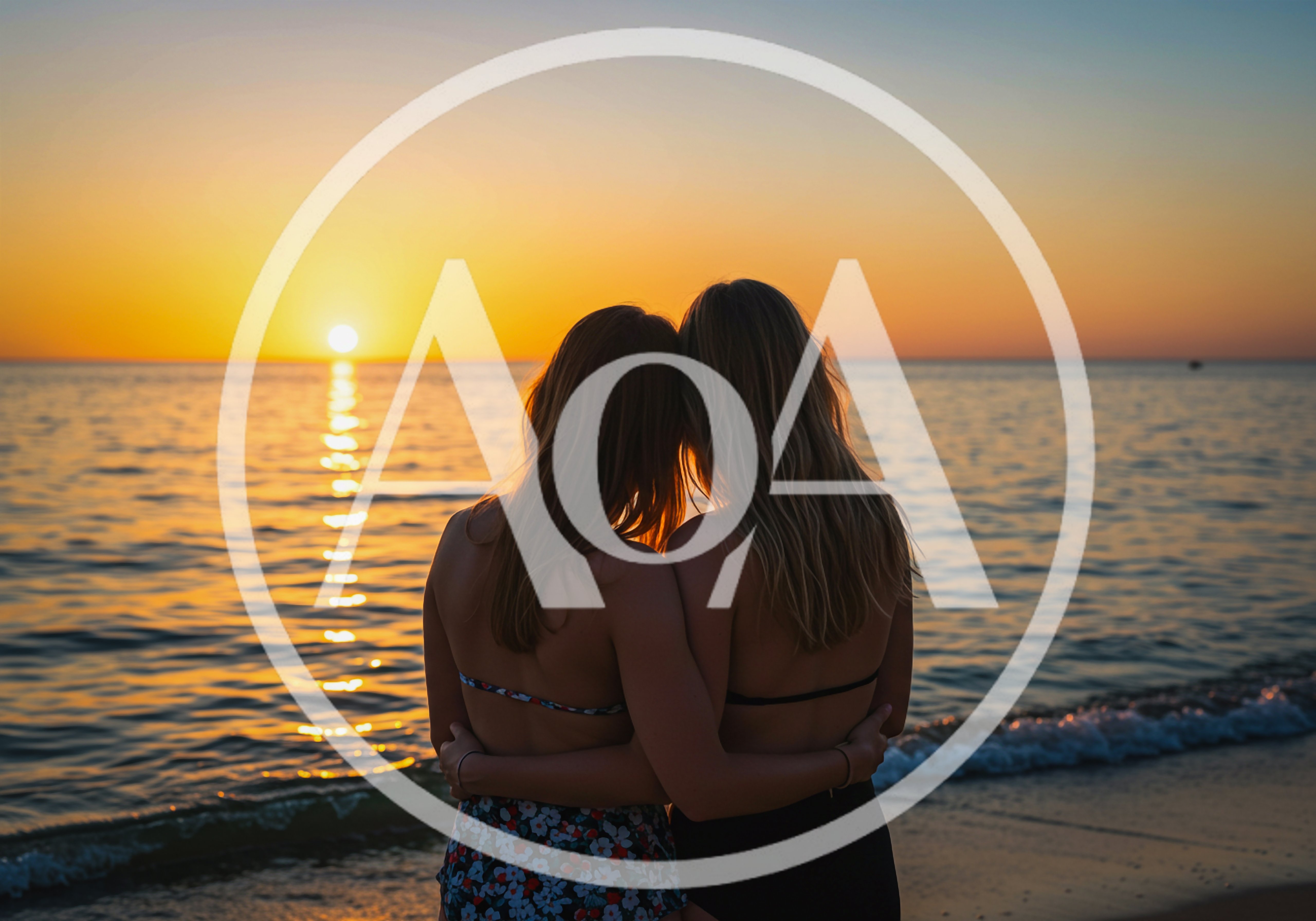 Two Women Embracing On Beach At Sunset