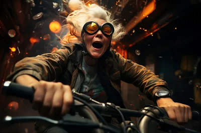 Excited Elderly Woman Riding A Motorcycle Through Sparks