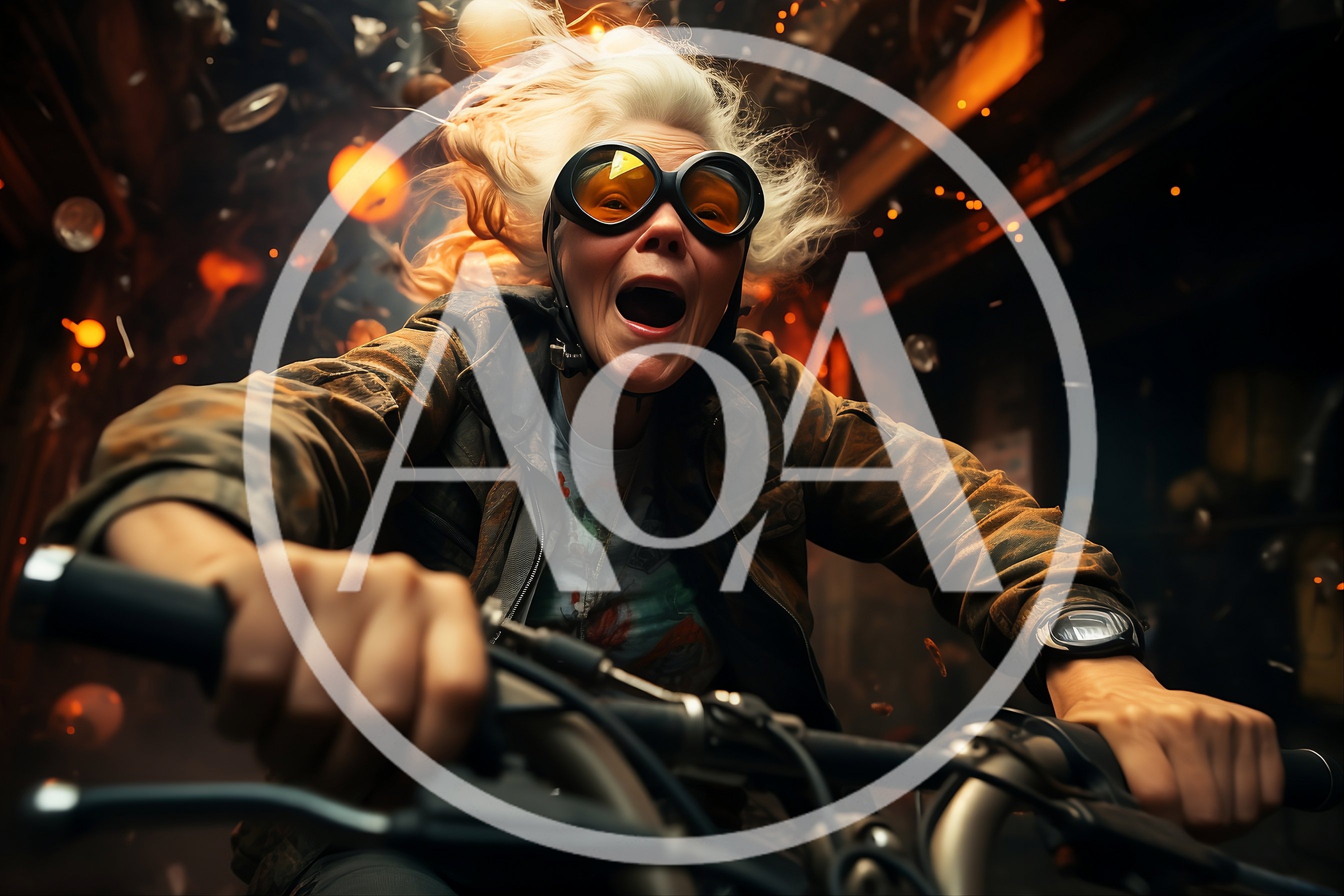 Excited Elderly Woman Riding A Motorcycle Through Sparks